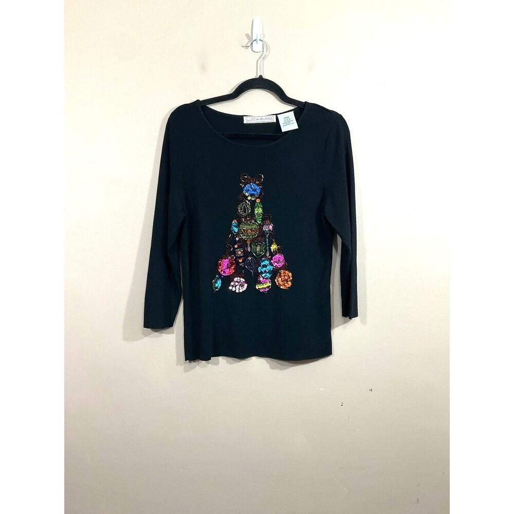 VTG Womens Beaded Sequined Christmas Tree Shirt L Black 90s Slinky Glam Party
